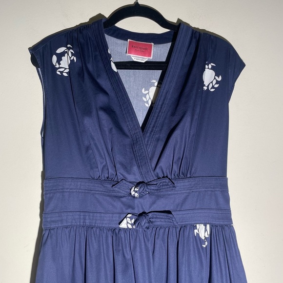 Kate Spade Poplin Bow Navy Crab Print Midi Dress Sz 4 NAVY Blue V-Neck Pockets - Picture 6 of 16